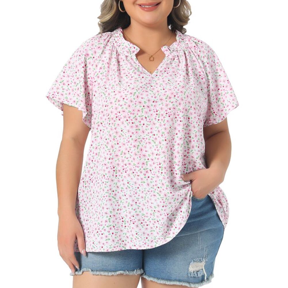 Women Plus Size Ruffle Notch V Neck Short Sleeve Floral Blouse Pink